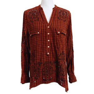 Johnny Was 3J Workshop Brown Checked Half-Button Shirt Eyelet/Peek a Boo Detail